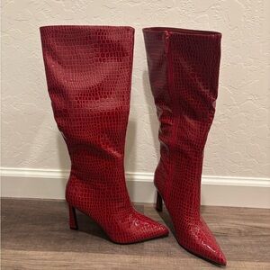 Red Croc-Embossed Heeled Boots - NWOT
